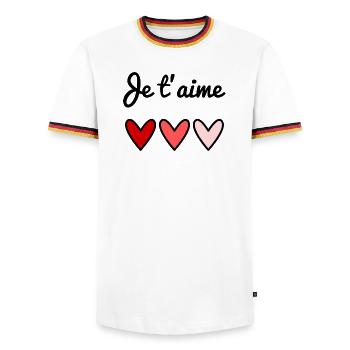 ICH LIEBE DICH. VALENTINSTAG. HERZ.  ICH LIEBE DICH - Männer Kontrast-T-Shirt - Weiß/Dreifarbig - Vorne - AI Model Female 172 light (172cm) & AI Model Male 185 light (185cm)