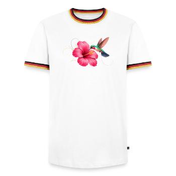 Hummingbird at hibiscus flower - Men's Ringer Shirt - white/tricolour - Front - AI Model Female 172 light (172cm) & AI Model Male 185 light (185cm)