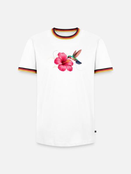 Kolibri an Hibiskusblüte  - Männer Kontrast-T-Shirt - Weiß/Dreifarbig