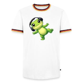 Cute frog toad toad with headphones dancing tech - Men's Ringer Shirt - white/tricolour - Front - AI Model Female 172 light (172cm) & AI Model Male 185 light (185cm)