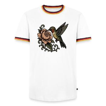 Hummingbird with Rose Vintage Tattoo - Men's Ringer Shirt - white/tricolour - Front - AI Model Female 172 light (172cm) & AI Model Male 185 light (185cm)