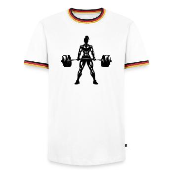 Weight Lifting Woman Power Lifting Fitness - Men's Ringer Shirt - white/tricolour - Front - AI Model Female 172 light (172cm) & AI Model Male 185 light (185cm)