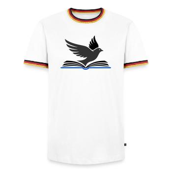 Vogel fliegt aus Buch - Männer Kontrast-T-Shirt - Weiß/Dreifarbig - Vorne - AI Model Female 172 light (172cm) & AI Model Male 185 light (185cm)