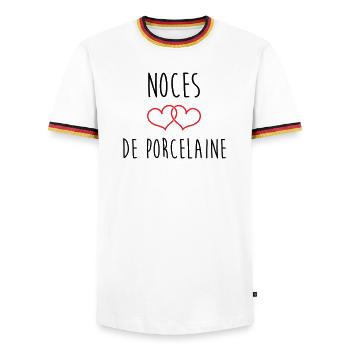 Porzellanhochzeit 20 Jahre Liebe - Männer Kontrast-T-Shirt - Weiß/Dreifarbig - Vorne - AI Model Female 172 light (172cm) & AI Model Male 185 light (185cm)