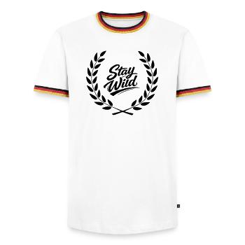 Restez en liberté - T-shirt contrasté Homme - blanc/tricolore - Devant - AI Model Female 172 light (172cm) & AI Model Male 185 light (185cm)