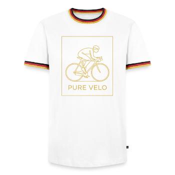Pure Velo Gold Line Cyclist - Men's Ringer Shirt - white/tricolour - Front - AI Model Female 172 light (172cm) & AI Model Male 185 light (185cm)