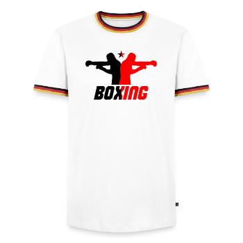 Boxer - Männer Kontrast-T-Shirt - Weiß/Dreifarbig - Vorne - AI Model Female 172 light (172cm) & AI Model Male 185 light (185cm)