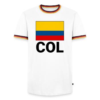 Colombia flag tricolor with abbreviation COL - Men's Ringer Shirt - white/tricolour - Front - AI Model Female 172 light (172cm) & AI Model Male 185 light (185cm)