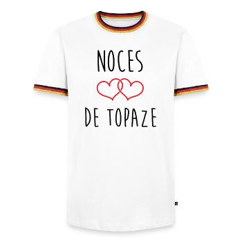 Topaz-Hochzeit 44 Jahre Ehe - Männer Kontrast-T-Shirt - Weiß/Dreifarbig - Vorne - AI Model Female 172 light (172cm) & AI Model Male 185 light (185cm)