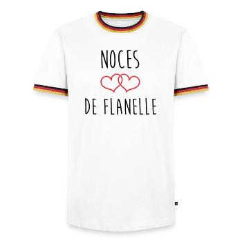 Noces de flanelle – 43 ans de mariage - T-shirt contrasté Homme - blanc/tricolore - Devant - AI Model Female 172 light (172cm) & AI Model Male 185 light (185cm)