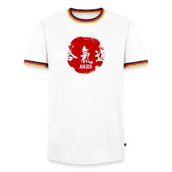 Aikido-Kampfkünste-Kanji - Männer Kontrast-T-Shirt - Weiß/Dreifarbig - Vorne - AI Model Female 172 light (172cm) & AI Model Male 185 light (185cm)