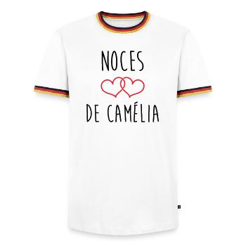 Camellia's Wedding 51 years of marriage - Men's Ringer Shirt - white/tricolour - Front - AI Model Female 172 light (172cm) & AI Model Male 185 light (185cm)