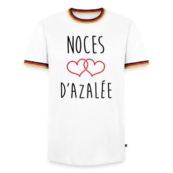 Noces d'Azalée 57 ans de mariage - T-shirt contrasté Homme - blanc/tricolore - Devant - AI Model Female 172 light (172cm) & AI Model Male 185 light (185cm)
