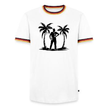 Holiday Palm Trees Beach Silhouette - Men's Ringer Shirt - white/tricolour - Front - AI Model Female 172 light (172cm) & AI Model Male 185 light (185cm)