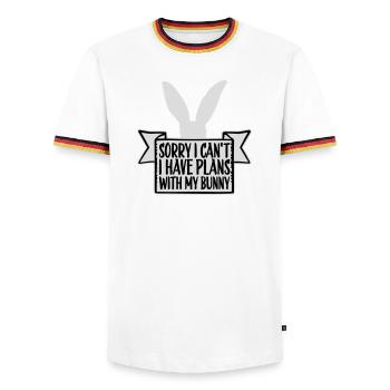 Sorry I Can't I Have Plans With My Bunny Hase Logo - Männer Kontrast-T-Shirt - Weiß/Dreifarbig - Vorne - AI Model Female 172 light (172cm) & AI Model Male 185 light (185cm)