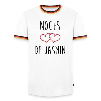 Anniversaire Mariage - Noces de Jasmin (66 ans) - T-shirt contrasté Homme - blanc/tricolore - Devant - AI Model Female 172 light (172cm) & AI Model Male 185 light (185cm)