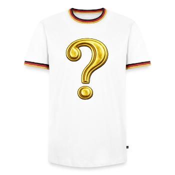 Conception du point d’interrogation doré - T-shirt contrasté Homme - blanc/tricolore - Devant - AI Model Female 172 light (172cm) & AI Model Male 185 light (185cm)