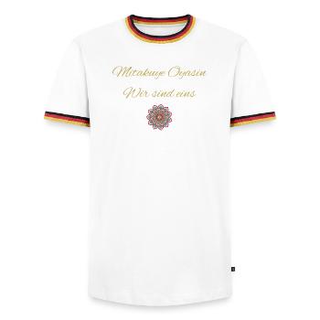 Mitakuye Oyasin - Wir sind eins  - Männer Kontrast-T-Shirt - Weiß/Dreifarbig - Vorne - AI Model Female 172 light (172cm) & AI Model Male 185 light (185cm)