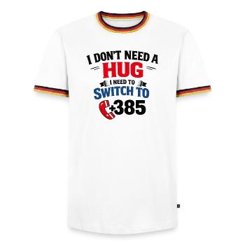 Pas de câlin, appel numéro 385 - T-shirt contrasté Homme - blanc/tricolore - Devant - AI Model Female 172 light (172cm) & AI Model Male 185 light (185cm)