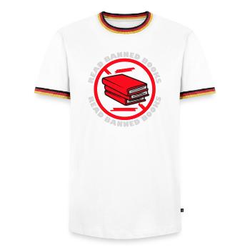 Read Banned Books Verbotene Bücher Lesen Freiheit - Men's Ringer Shirt - white/tricolour - Front - AI Model Female 172 light (172cm) & AI Model Male 185 light (185cm)