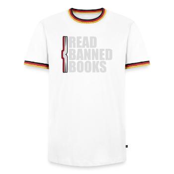 Lire des livres interdits Verbotene Bücher Lesen Freiheit - T-shirt contrasté Homme - blanc/tricolore - Devant - AI Model Female 172 light (172cm) & AI Model Male 185 light (185cm)