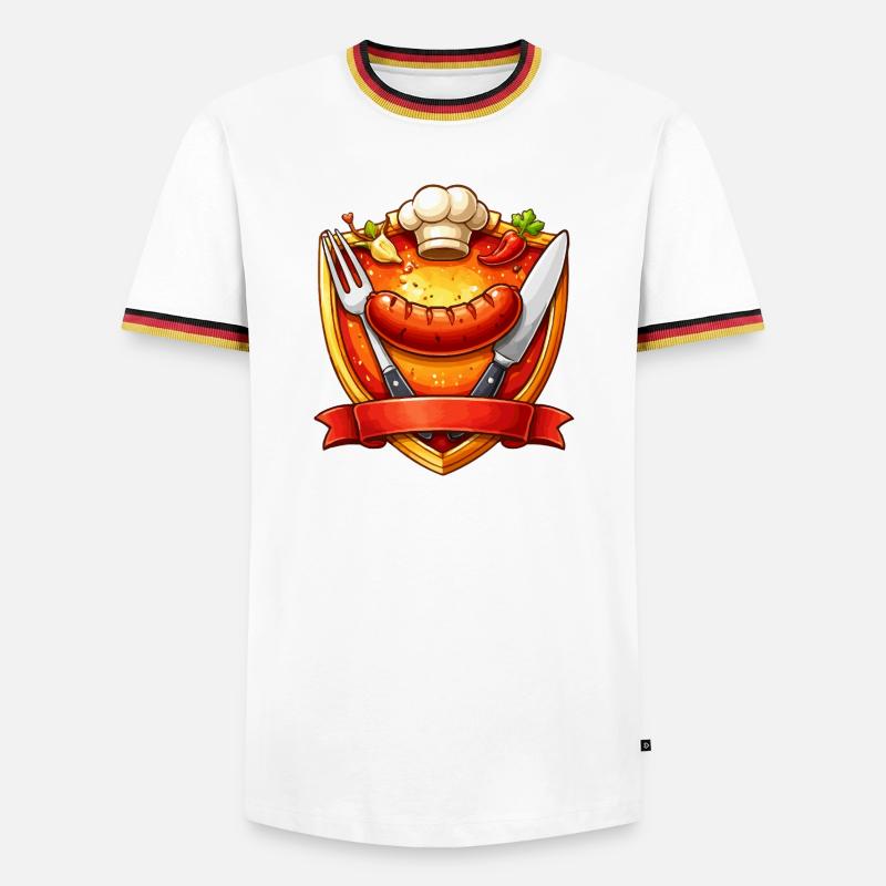 Gegrillte Wurst auf rotem Teller Schild - Männer Kontrast-T-Shirt - Weiß/Dreifarbig