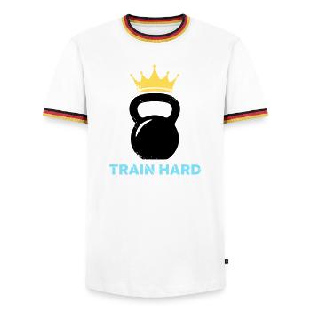 Kettlebell Crown Train Hard - Men's Ringer Shirt - white/tricolour - Front - AI Model Female 172 light (172cm) & AI Model Male 185 light (185cm)