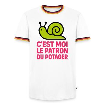 C'est Moi le Patron du Potager : Design Escargot - T-shirt contrasté Homme - blanc/tricolore - Devant - AI Model Female 172 light (172cm) & AI Model Male 185 light (185cm)