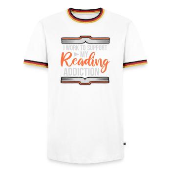 I Work To Support My Reading Addiction Books Logo - Men's Ringer Shirt - white/tricolour - Front - AI Model Female 172 light (172cm) & AI Model Male 185 light (185cm)