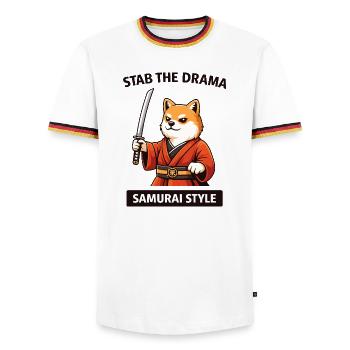 Samurai Shiba : Poignarder le drame - T-shirt contrasté Homme - blanc/tricolore - Devant - AI Model Female 172 light (172cm) & AI Model Male 185 light (185cm)