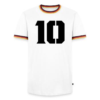 10 - Männer Kontrast-T-Shirt - Weiß/Dreifarbig - Vorne - AI Model Female 172 light (172cm) & AI Model Male 185 light (185cm)