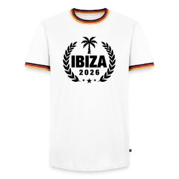 Ibiza 2026 Palme - Männer Kontrast-T-Shirt - Weiß/Dreifarbig - Vorne - AI Model Female 172 light (172cm) & AI Model Male 185 light (185cm)