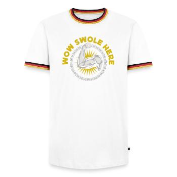 Motivation fitness Bodybuilder Wow Swole ici - T-shirt contrasté Homme - blanc/tricolore - Devant - AI Model Female 172 light (172cm) & AI Model Male 185 light (185cm)