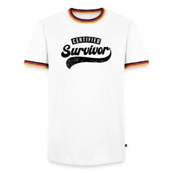 Zertifizierter Überlebender - Männer Kontrast-T-Shirt - Weiß/Dreifarbig - Vorne - AI Model Female 172 light (172cm) & AI Model Male 185 light (185cm)