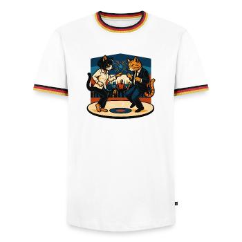 Zwei Retro-Katzen tanzen – Vintage Stil - Männer Kontrast-T-Shirt - Weiß/Dreifarbig - Vorne - AI Model Female 172 light (172cm) & AI Model Male 185 light (185cm)