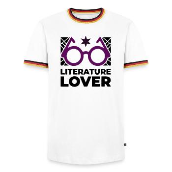 Literature Lover Glasses Text - Men's Ringer Shirt - white/tricolour - Front - AI Model Female 172 light (172cm) & AI Model Male 185 light (185cm)