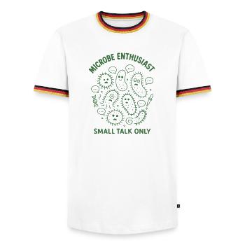 Microbe Talk Only | Microbiology Humor - Men's Ringer Shirt - white/tricolour - Front - AI Model Female 172 light (172cm) & AI Model Male 185 light (185cm)