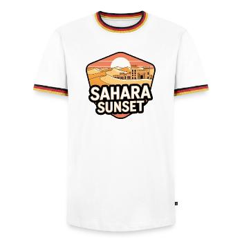 Château du Coucher du Soleil Sahara - T-shirt contrasté Homme - blanc/tricolore - Devant - AI Model Female 172 light (172cm) & AI Model Male 185 light (185cm)