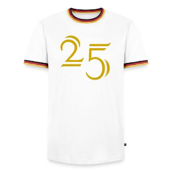 25. 25 ANS. 25e ANNIVERSAIRE. ANNIVERSAIRE 25 ANS. - T-shirt contrasté Homme - blanc/tricolore - Devant - AI Model Female 172 light (172cm) & AI Model Male 185 light (185cm)