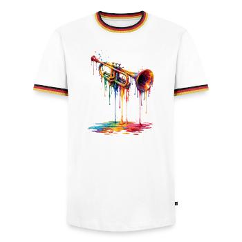 Trumpet with dripping paint - Men's Ringer Shirt - white/tricolour - Front - AI Model Female 172 light (172cm) & AI Model Male 185 light (185cm)