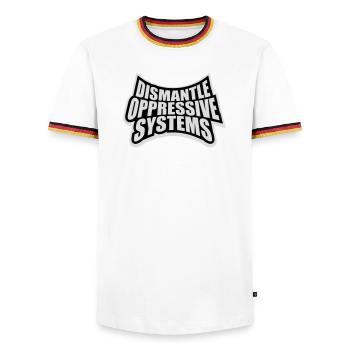 Dismantle Oppressive Systems Activism Statement - Men's Ringer Shirt - white/tricolour - Front - AI Model Female 172 light (172cm) & AI Model Male 185 light (185cm)