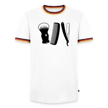Barbershop - Men's Ringer Shirt - white/tricolour - Front - AI Model Female 172 light (172cm) & AI Model Male 185 light (185cm)