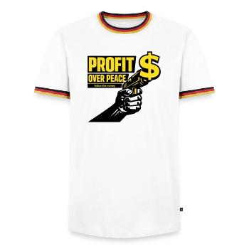 Profit Over Peace Satire - Men's Ringer Shirt - white/tricolour - Front - AI Model Female 172 light (172cm) & AI Model Male 185 light (185cm)