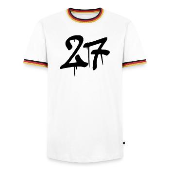 27 - Männer Kontrast-T-Shirt - Weiß/Dreifarbig - Vorne - AI Model Female 172 light (172cm) & AI Model Male 185 light (185cm)