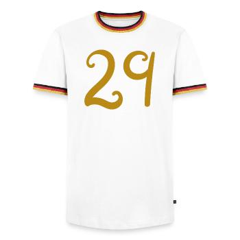 29 - Men's Ringer Shirt - white/tricolour - Front - AI Model Female 172 light (172cm) & AI Model Male 185 light (185cm)