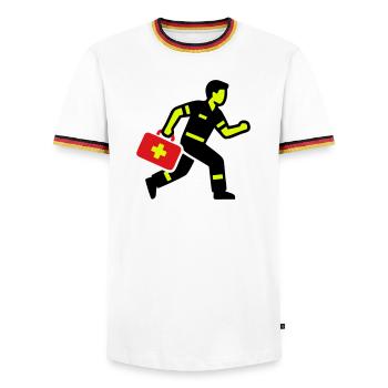 Trousse d’urgence pour médecin ambulancier - T-shirt contrasté Homme - blanc/tricolore - Devant - AI Model Female 172 light (172cm) & AI Model Male 185 light (185cm)