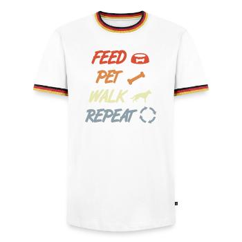 Feeding, petting, performing, repeating - Men's Ringer Shirt - white/tricolour - Front - AI Model Female 172 light (172cm) & AI Model Male 185 light (185cm)