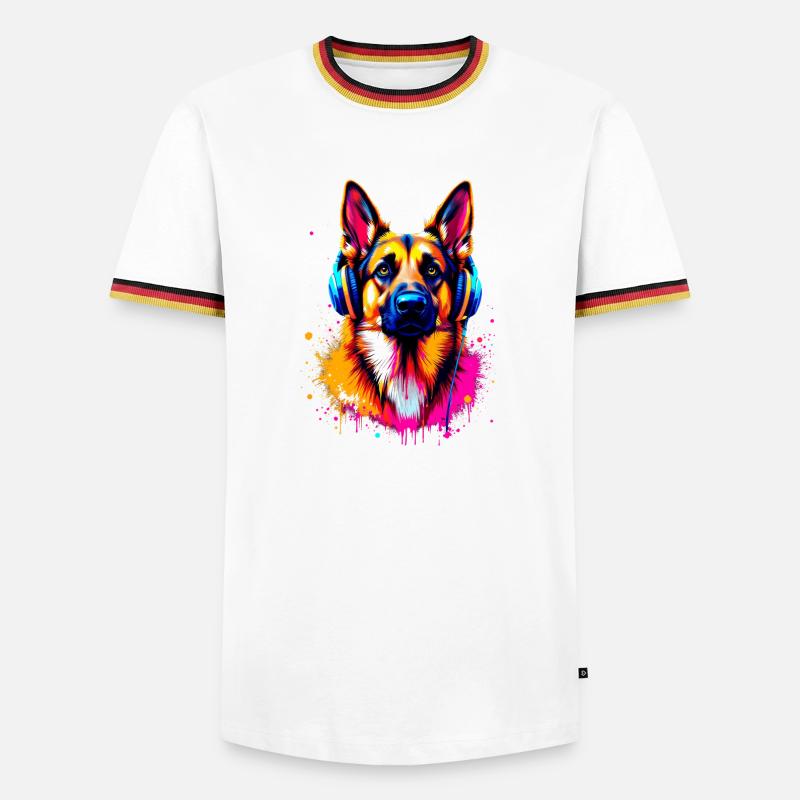 Deutscher Schäferhund mit Kopfhörer - Männer Kontrast-T-Shirt - Weiß/Dreifarbig