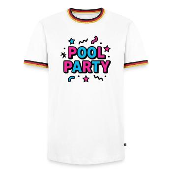 Lettrage des fêtes à la piscine des années 90 - T-shirt contrasté Homme - blanc/tricolore - Devant - AI Model Female 172 light (172cm) & AI Model Male 185 light (185cm)