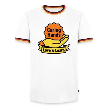 Logo des Mains Attentionnées du blason de Kita - T-shirt contrasté Homme - blanc/tricolore - Devant - AI Model Female 172 light (172cm) & AI Model Male 185 light (185cm)